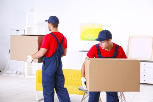 Boxes and household items organized in a storage space